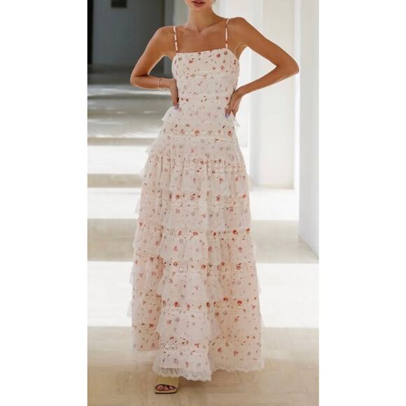 Anne Louise Boutique Maxi Dress Lovette Pink & Cream Floral Lace Tiered - Picture 2 of 12